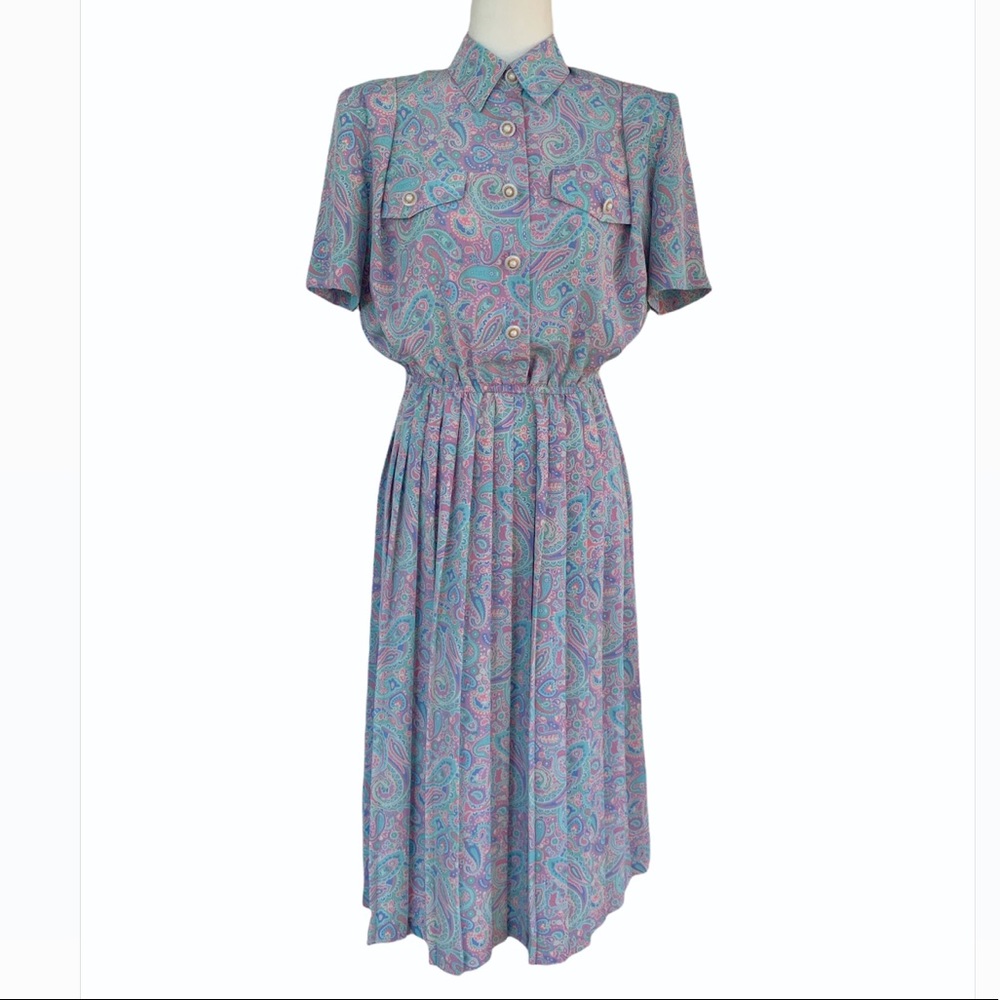 Vintage Leslie Fay Pleated Pastel Paisley Midi Dress